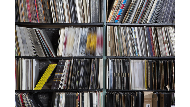 Rows of records on shelves