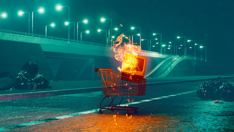 Shopping cart with old tv on fire in a street at night