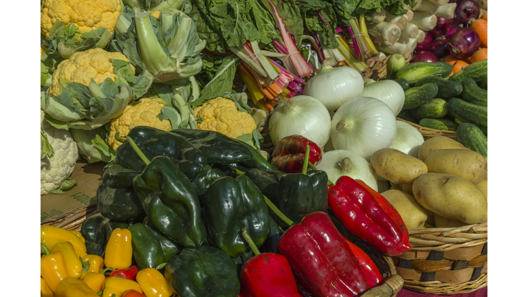 High angle view of vegetables for sale at market stall,West Palm Beach,Florida,United States,USA