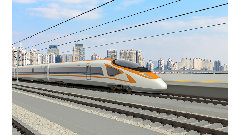 The high-speed train passes through the urban center quickly - made by 3D graphics software