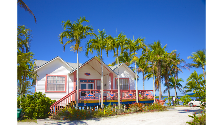 Small business building with porch and palms