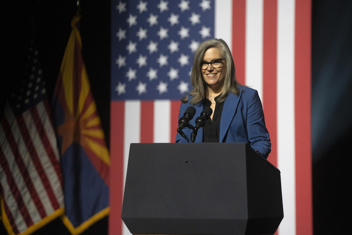 Arizona Gov. Katie Hobbs gives a brief speech prior to President Joe Biden's remarks at the Tempe Center for the Arts on September 28, 2023 in Tempe, Arizona. 