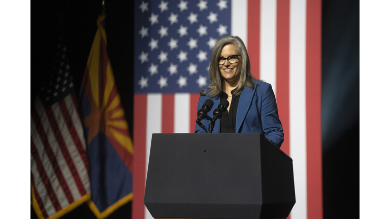 Arizona Gov. Katie Hobbs gives a brief speech prior to President Joe Biden's remarks at the Tempe Center for the Arts on September 28, 2023 in Tempe, Arizona. 