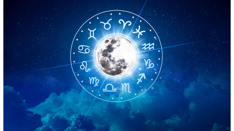 Zodiac signs inside of horoscope circle. Astrology in the sky with many stars and moons  astrology and horoscopes concept