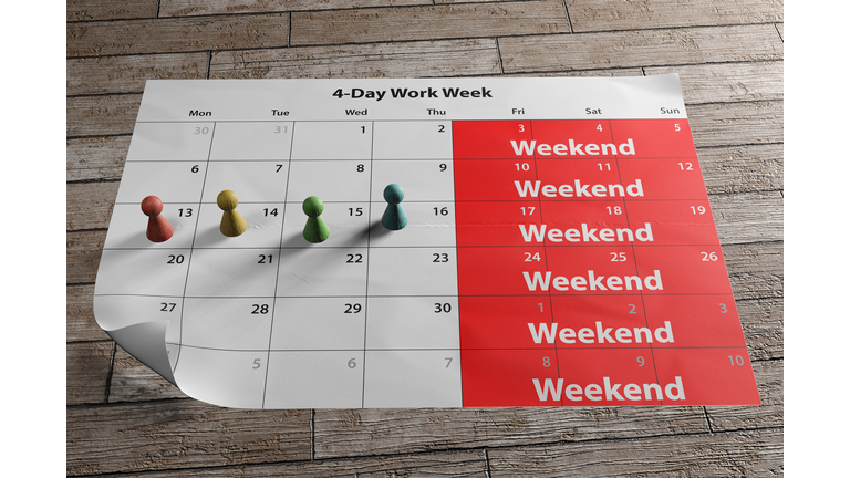 Calendar showing four-day work week schedule and long weekend