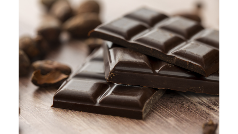 Dark chocolate bar with cocoa beans