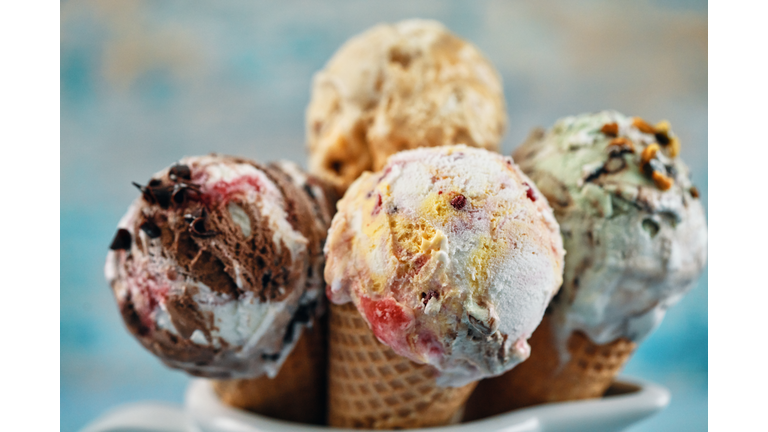 Pistachio, Chocolate, Strawberry and Vanilla Ice Cream in a Cone