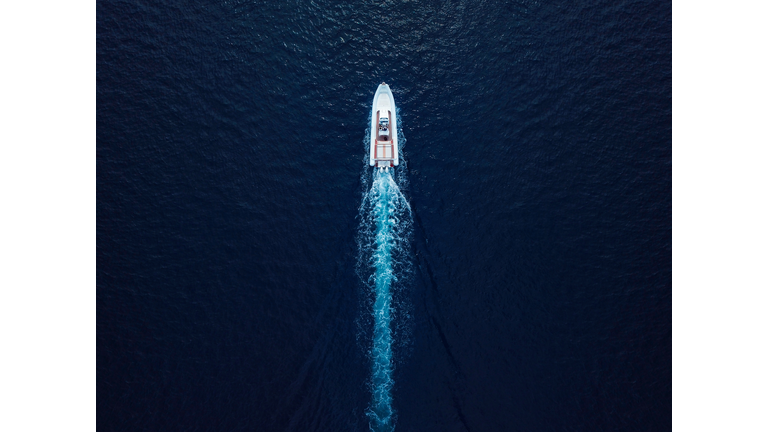 Aerial view of a speedboat.