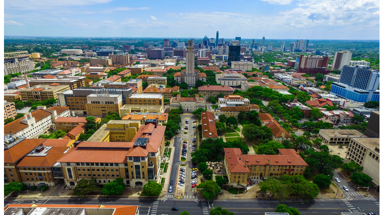 UT Tower Aerial over Campus University of Texas Austin