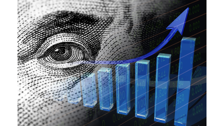 Up arrow, cash dollar bill and stock market indicators