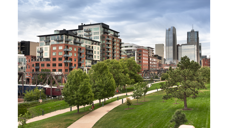 Denver Colorado downtown city skyline public park and Cherry Creek Trail