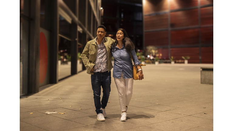 Mature couple walking on footpath at night