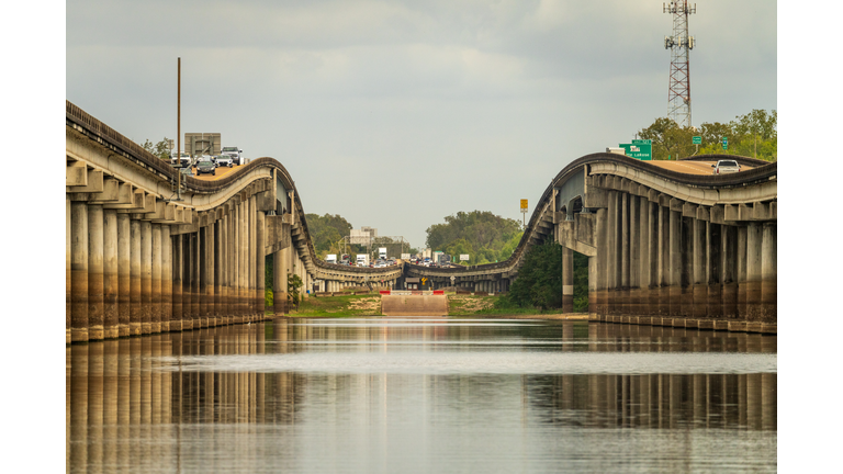 Supporting pillars of I-10 bridges above Atchafalaya basin in Louisiana