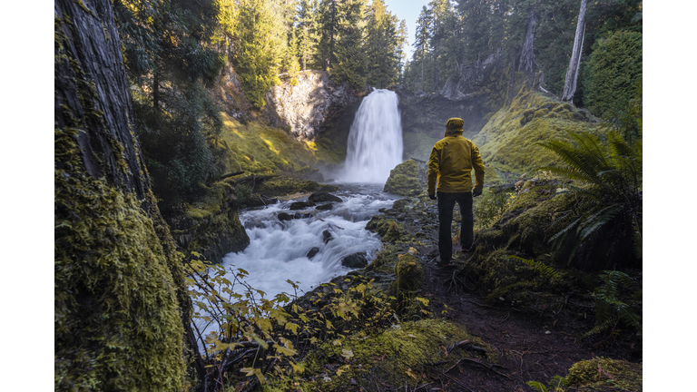 Man at Sahalie Falls, Linn county, Oregon, US.