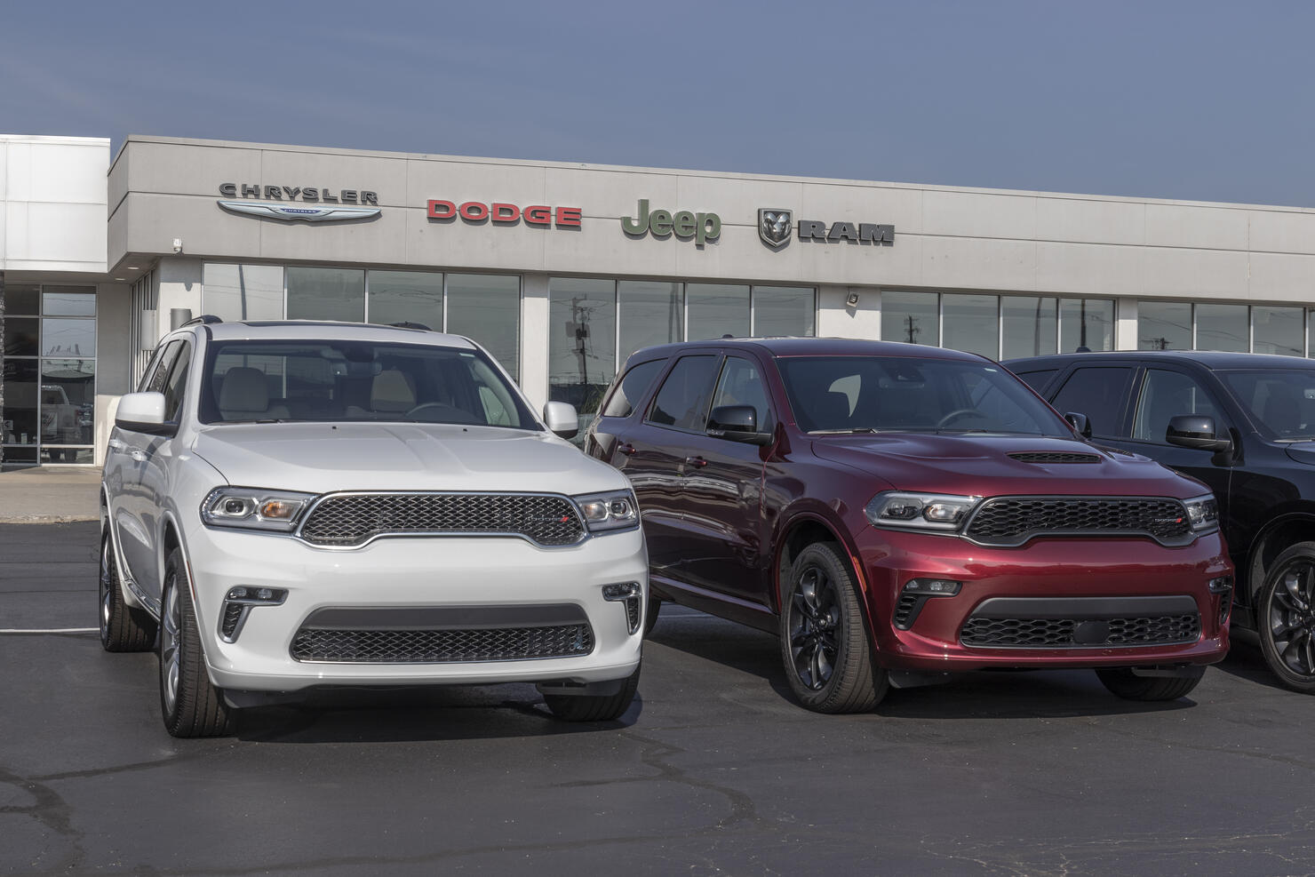 Dodge Durango display at a Stellantis dealership. Dodge offers the Durango in SXT, GT, R/T, and Citadel models.