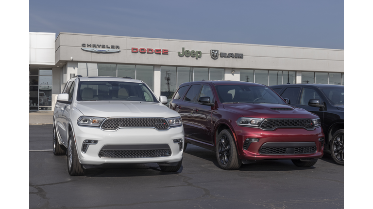 Dodge Durango display at a Stellantis dealership. Dodge offers the Durango in SXT, GT, R/T, and Citadel models.