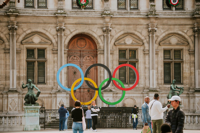 Olympic rings in front of the Hôtel de Ville in Spring 2023 - Paris, France