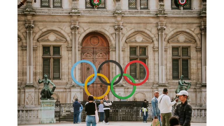 Olympic rings in front of the Hôtel de Ville in Spring 2023 - Paris, France