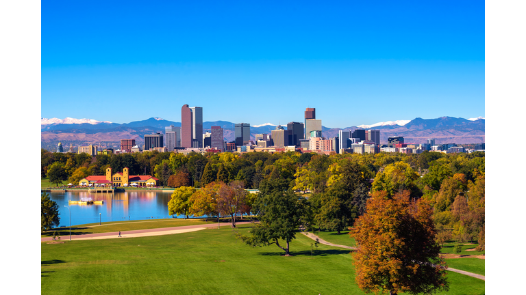 Skyline of Denver downtown with Rocky Mountains