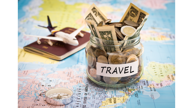 Travel budget concept with compass, passport and aircraft toy