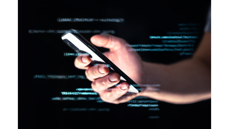 Phone scam, hack or fraud. Data hacker online with smartphone. Cell cyber scammer on darknet or internet. Phishing or cybersecurity threat with tech and web. Digital code technology.