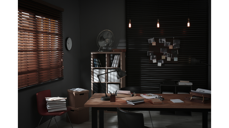 Detective office interior with evidence board on wall