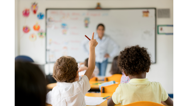 Boy raising his hand in class at the school