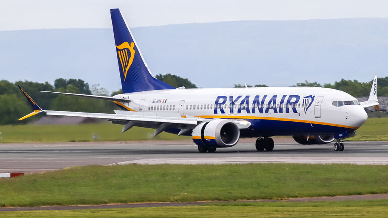 Ryanair Boeing 737 MAX at Manchester Airport.