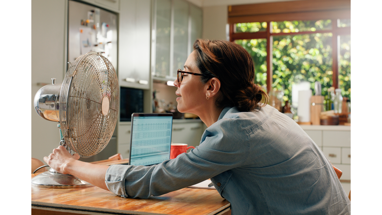 Woman, fan and laptop in home with heat wave as freelance copywriting for remote work, email or kitchen. Female person, mature and menopause in hot weather or apartment appliance, cool air or summer