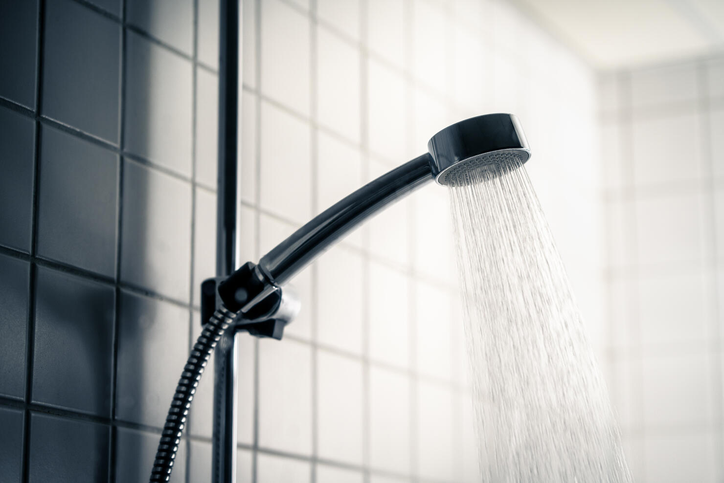 Shower head. Dark dramatic scary light. Cold water running in bathroom. Public washroom in hostel, gym or bad hotel. Hot flow. Black faucet. Emotional, horror or dirty.