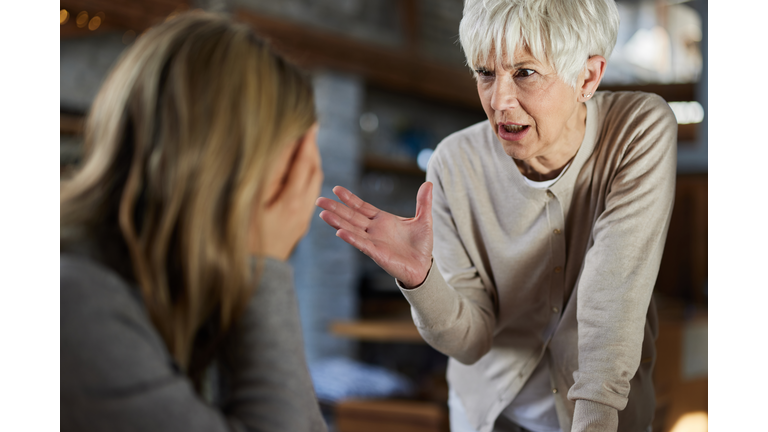 Senior single mother arguing with her adult daughter at home.