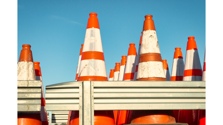 Close-up of rows of Construction Cones on at the back of a truck