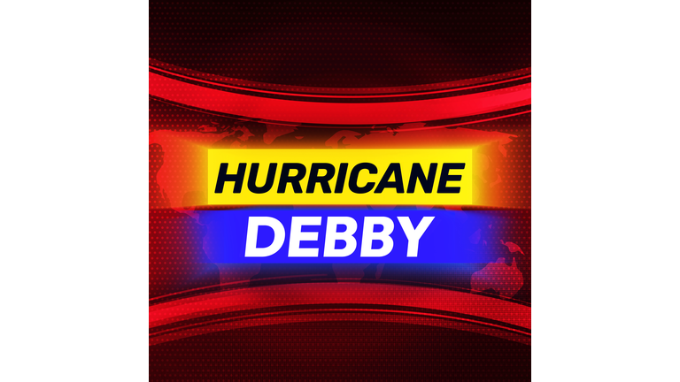 Hurricane Debby news concept background in breaking style with red shapes and typography. Extreme weather conditions and hurricane backdrop