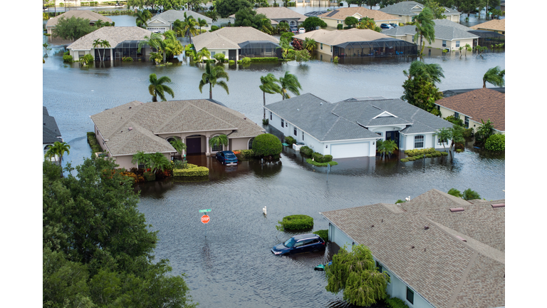 Hurricane Debby flooded homes and cars in Laurel Meadows community in Sarasota, Florida. Aftermath of natural disaster. Sarasota, USA - August 6, 2024.