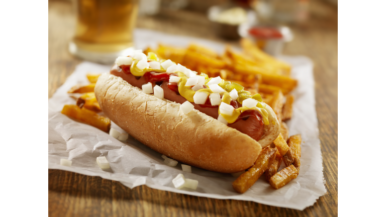 Hotdog and Fries with a Beer