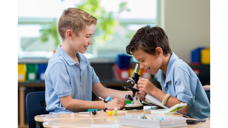 Elementary school boys work on science project