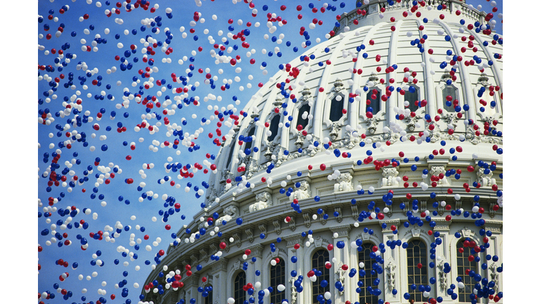 "This is the U.S. Capitol during the Bicentennial of the Constitution Celebration. There are red, white and blue balloons falling around the Capitol Dome. It marks the dates that commemorate the Centennial 1787-1987."