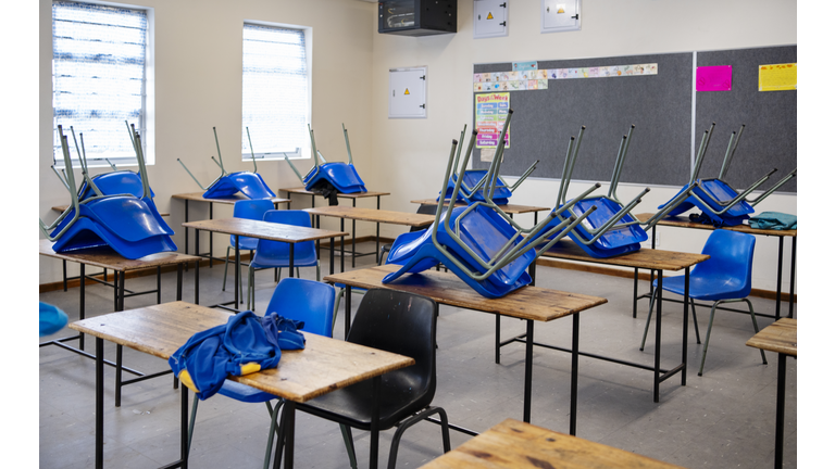 Empty classroom with chairs on the table