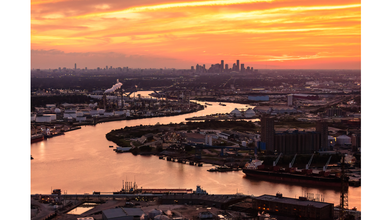 Helicopter Shot of Industrial Area in Houston, Texas with Skyline in the Distance