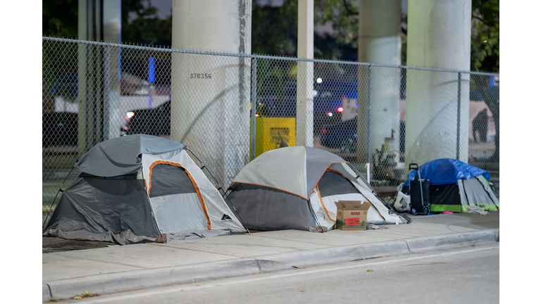 Tents at Downtown Miami with homeless people living on the streets