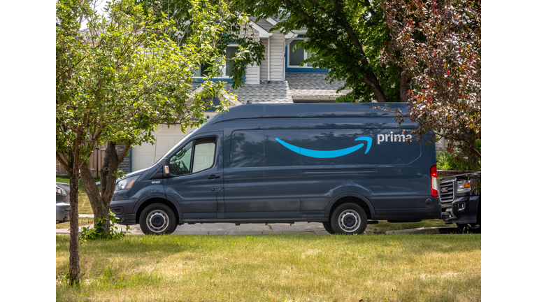 An Amazon Prime delivery truck parked in a neighborhood green space.