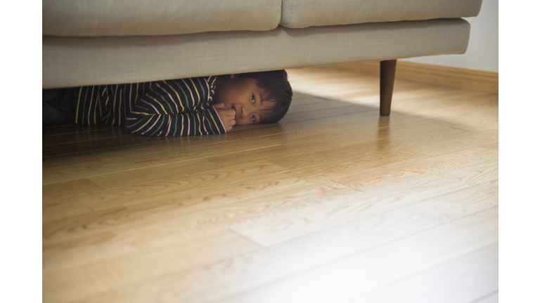 Boy playing hiding in the sofa