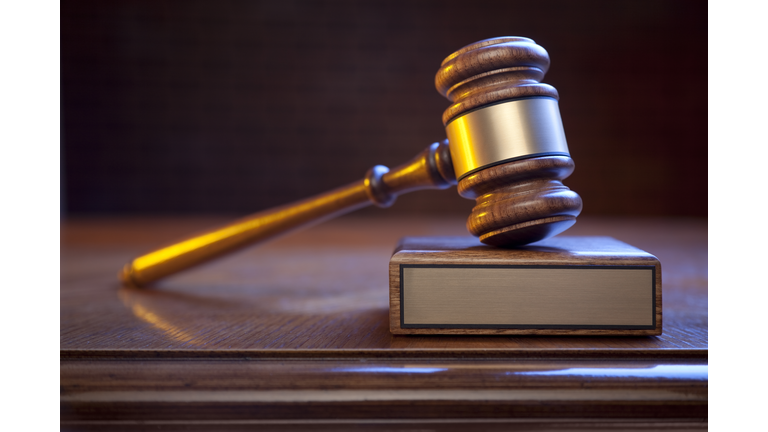 Justice Gavel And Block On Judge's Bench With Blank Plaque