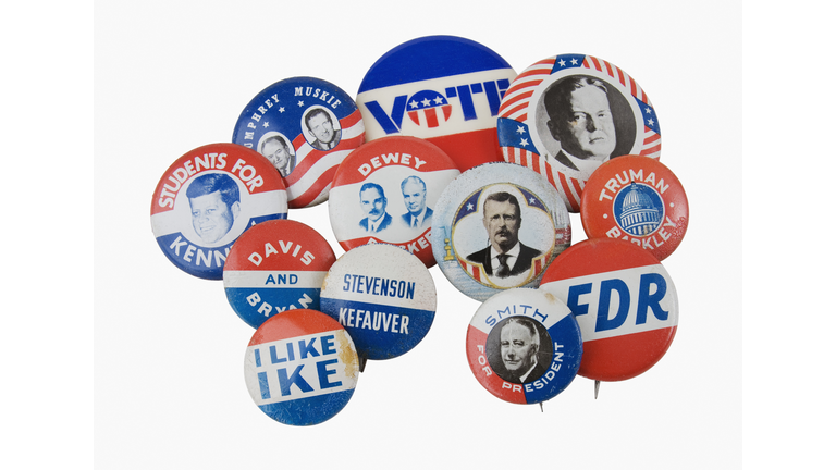 Close up of assorted presidential election pins