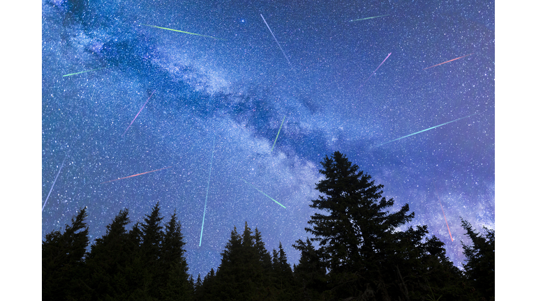 Blue Milky way falling stars pine trees silhouette