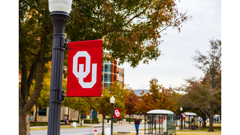 University of Oklahoma banner with logo, on campus in Norman, OK