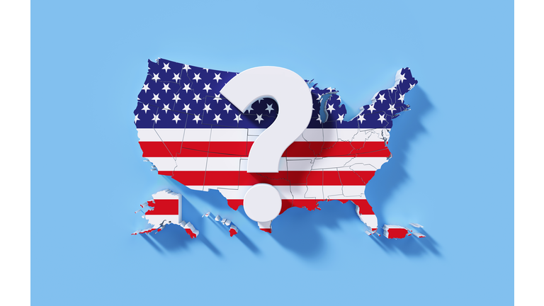US 2022 Midterm Election Concept - Question Mark Sitting Over American Physical Map Textured with American Flag
