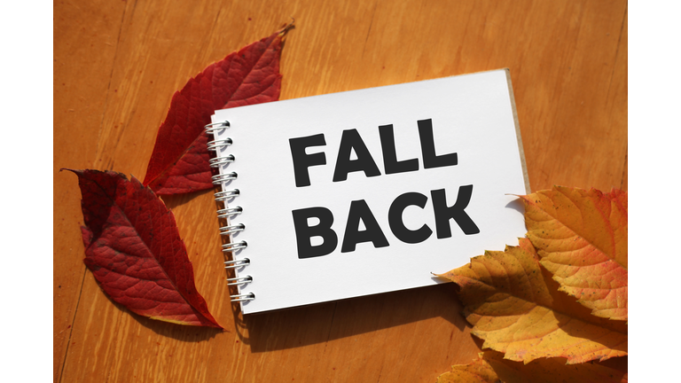 Fall back concept. Note pad with text. Concept of time change due to daylight saving time on the 1st Sunday of November.