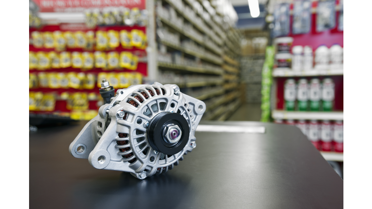 New automotive alternator in a parts department.