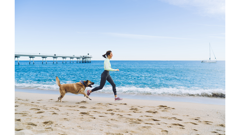 Side view of satisfied female athlete running at seashore with mongrel dog feeling happiness and freedom, carefree woman jogging while walking big doggie pet enjoying leisure weekend at coastline